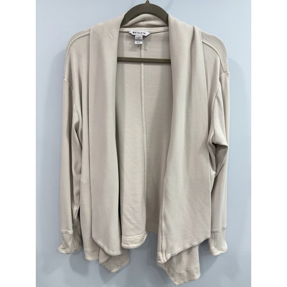 Athleta Open Front Cardigan Petite M Beige Tan Ribbed Knit Draped PM - Picture 2 of 7